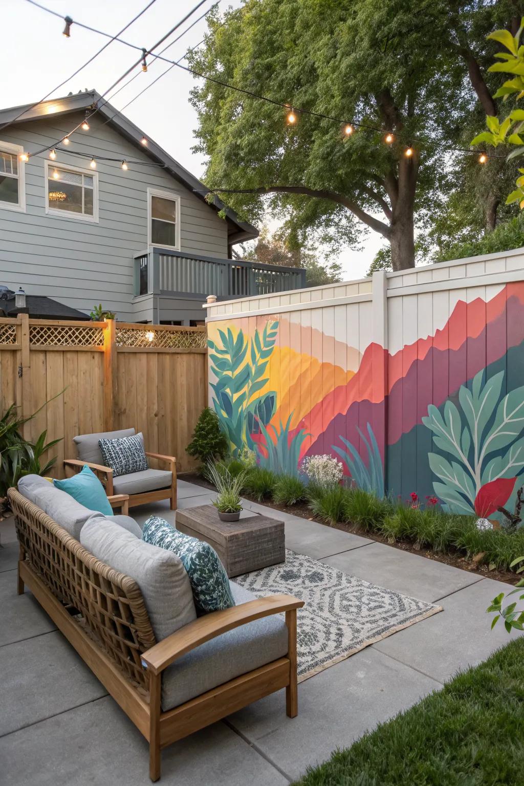 An accent wall with art elevates a small patio.