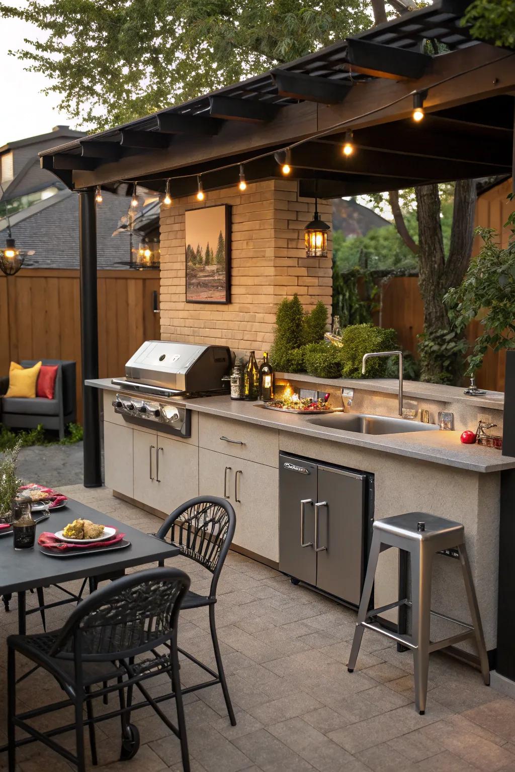 A functional bar area integrated into a small BBQ setup.