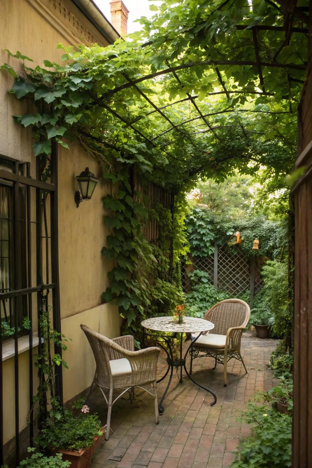 A trellis adds vertical interest and supports climbing plants.