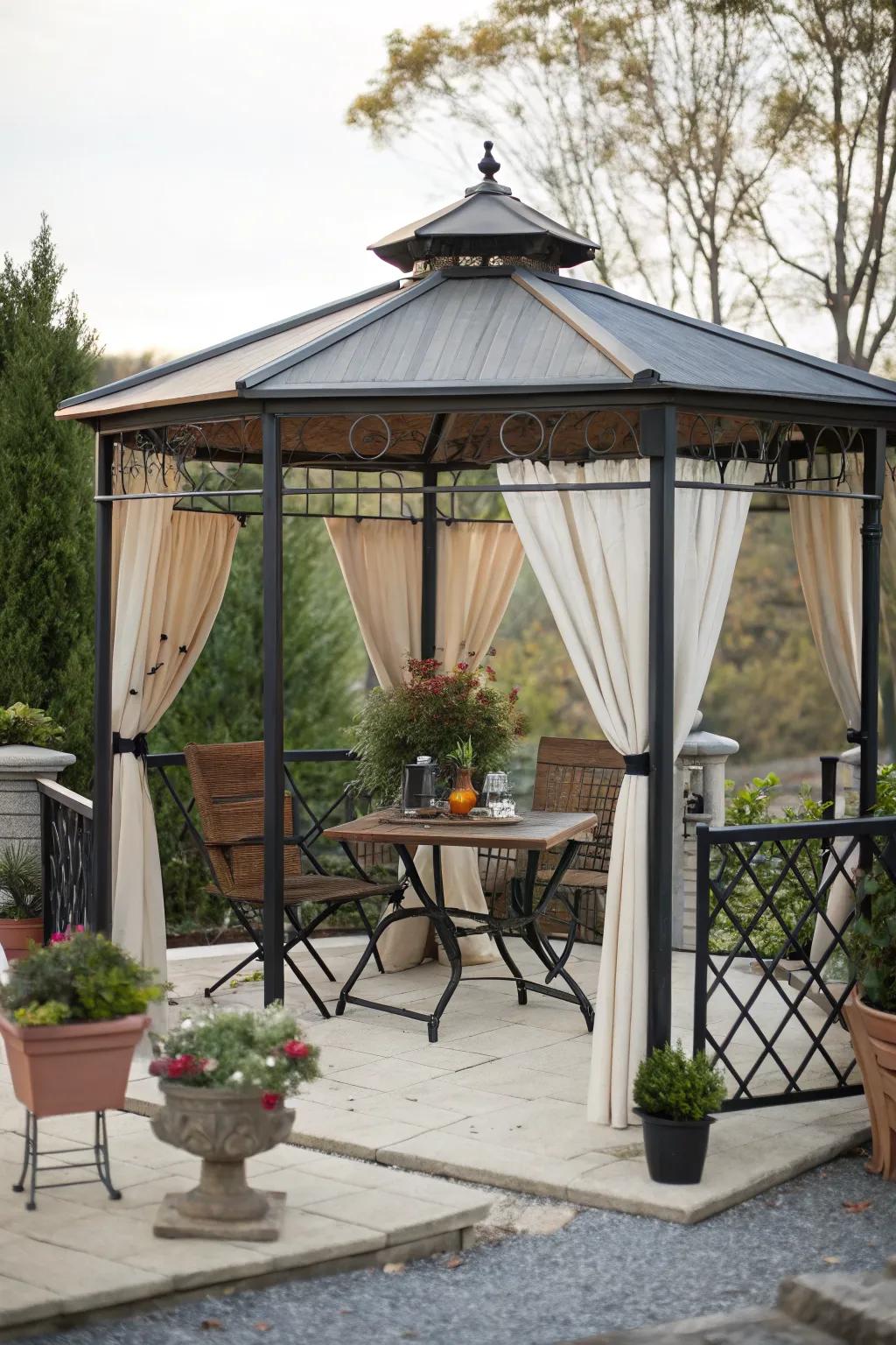 Compact design maximizing space in a small patio gazebo.