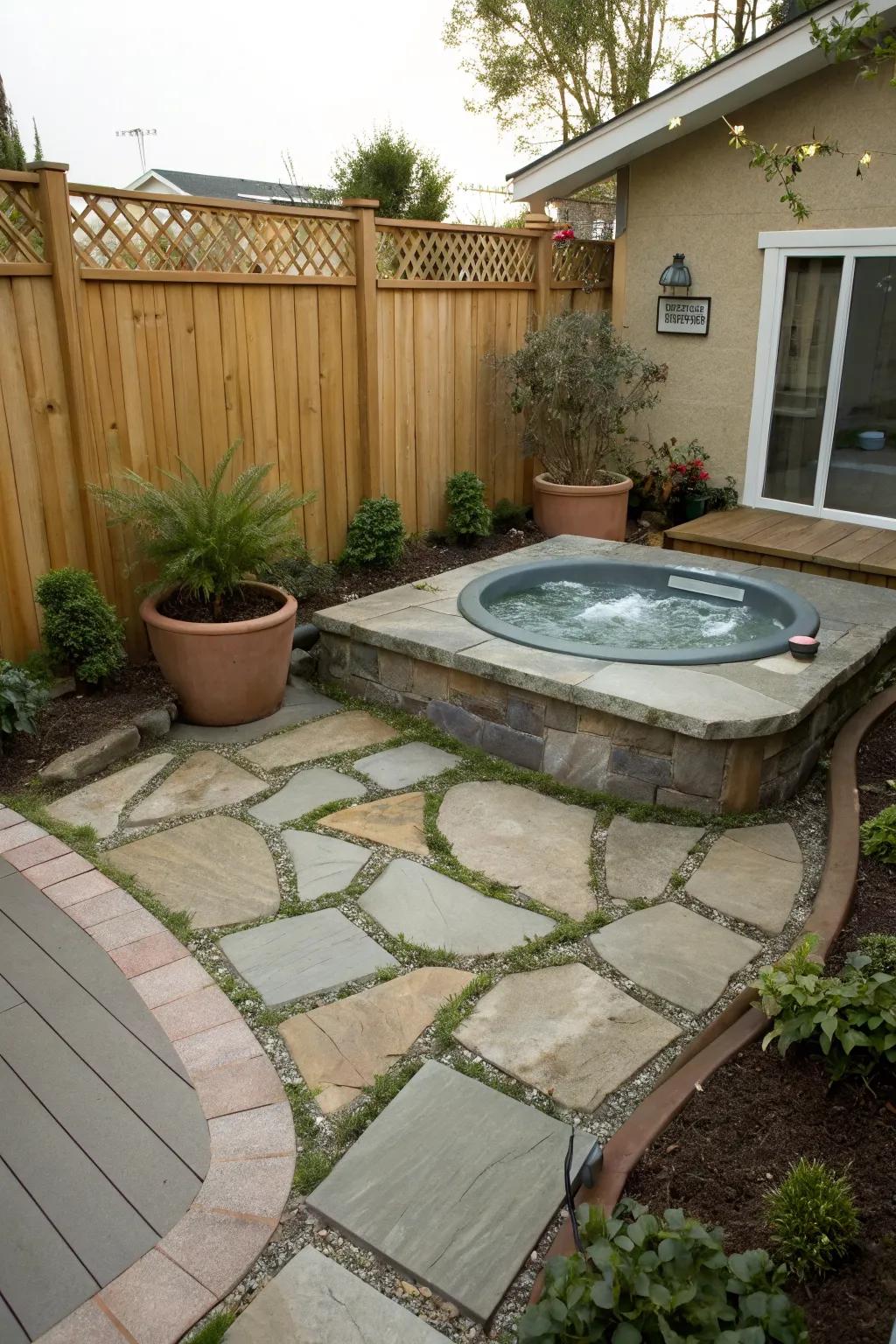 Stone pathways provide a stylish approach to your hot tub.
