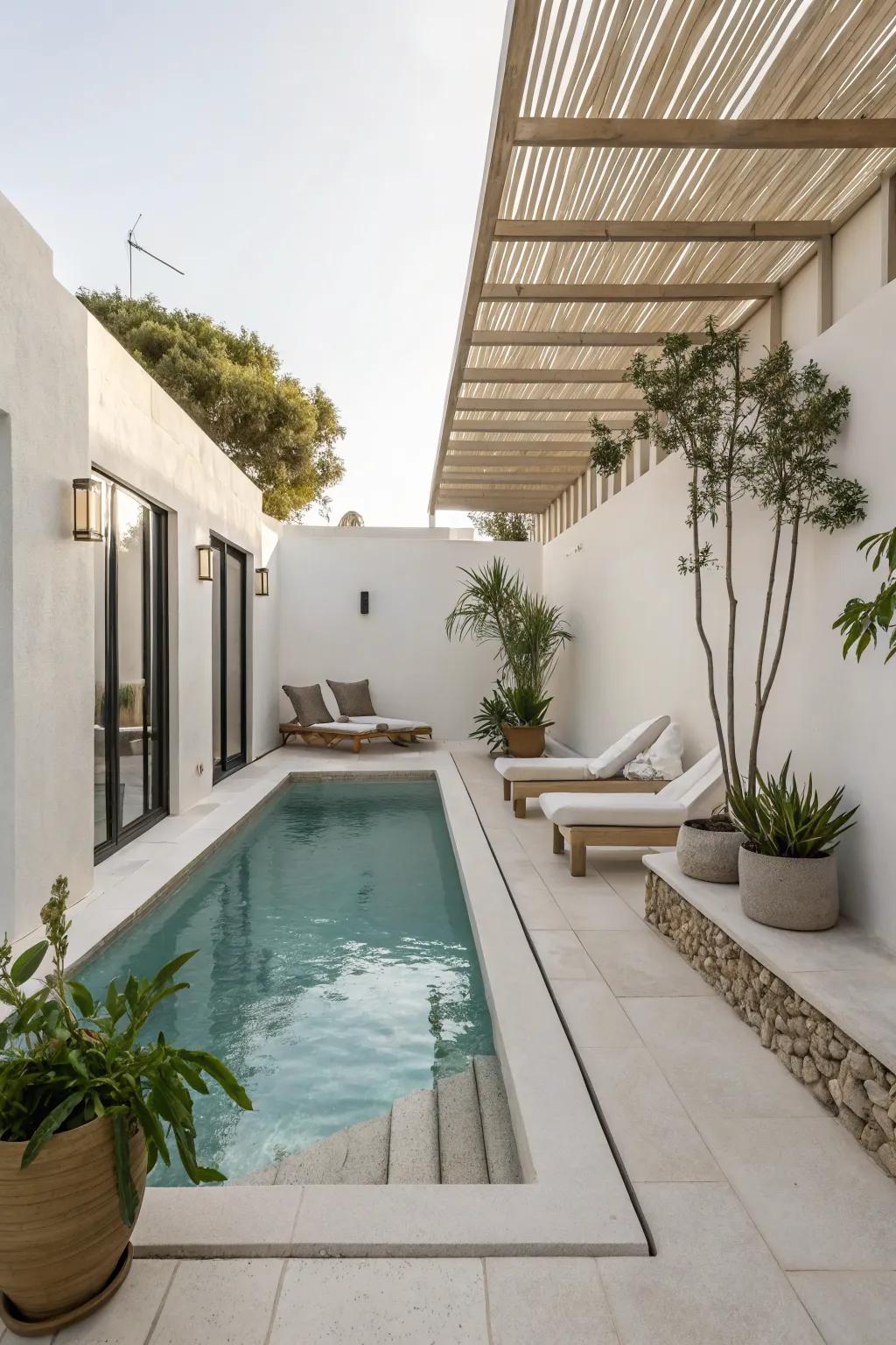 A minimalist approach enhances the tranquility of a small patio pool.