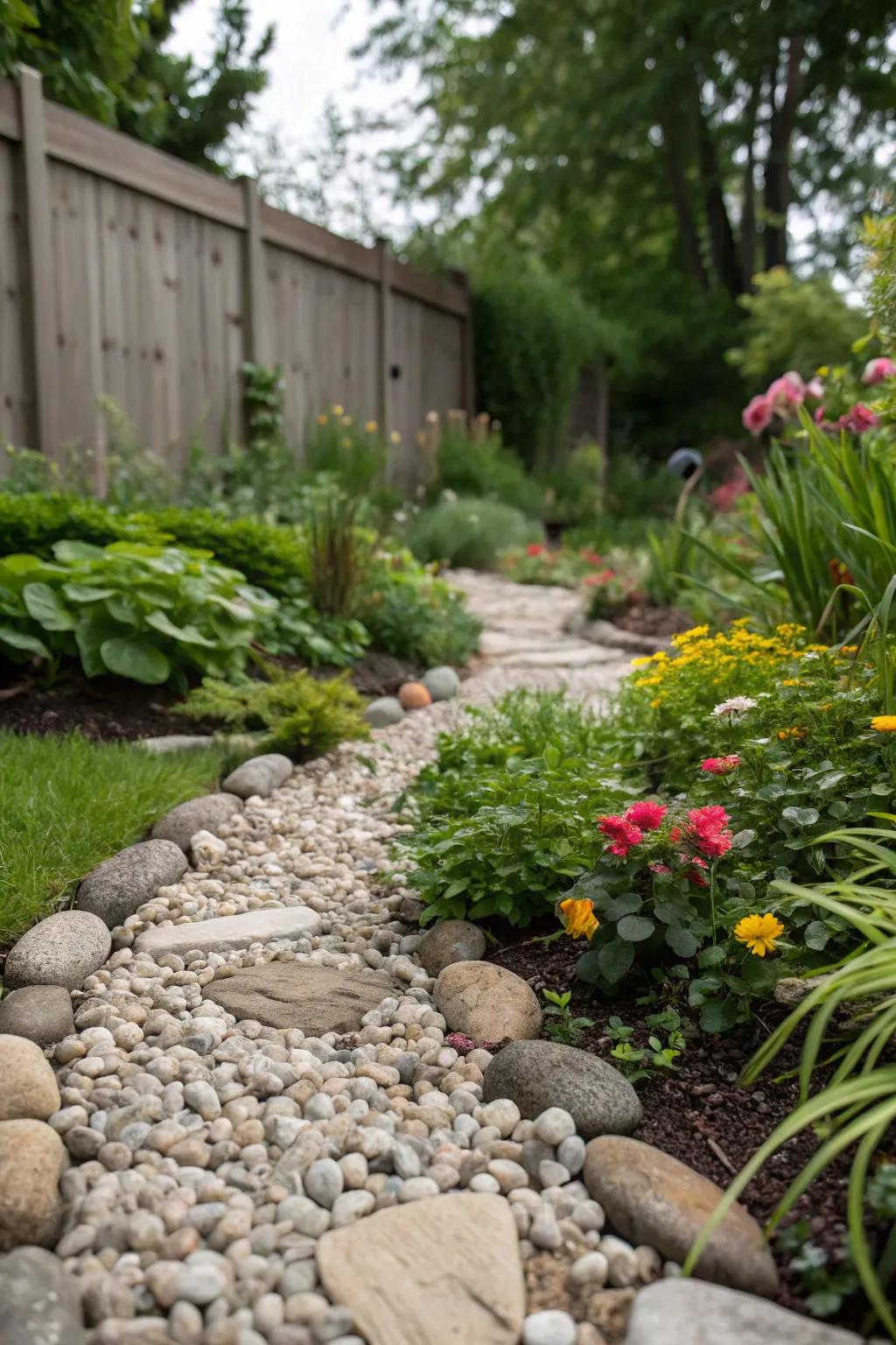 Use pebbles as ground cover for a lasting and tidy garden.