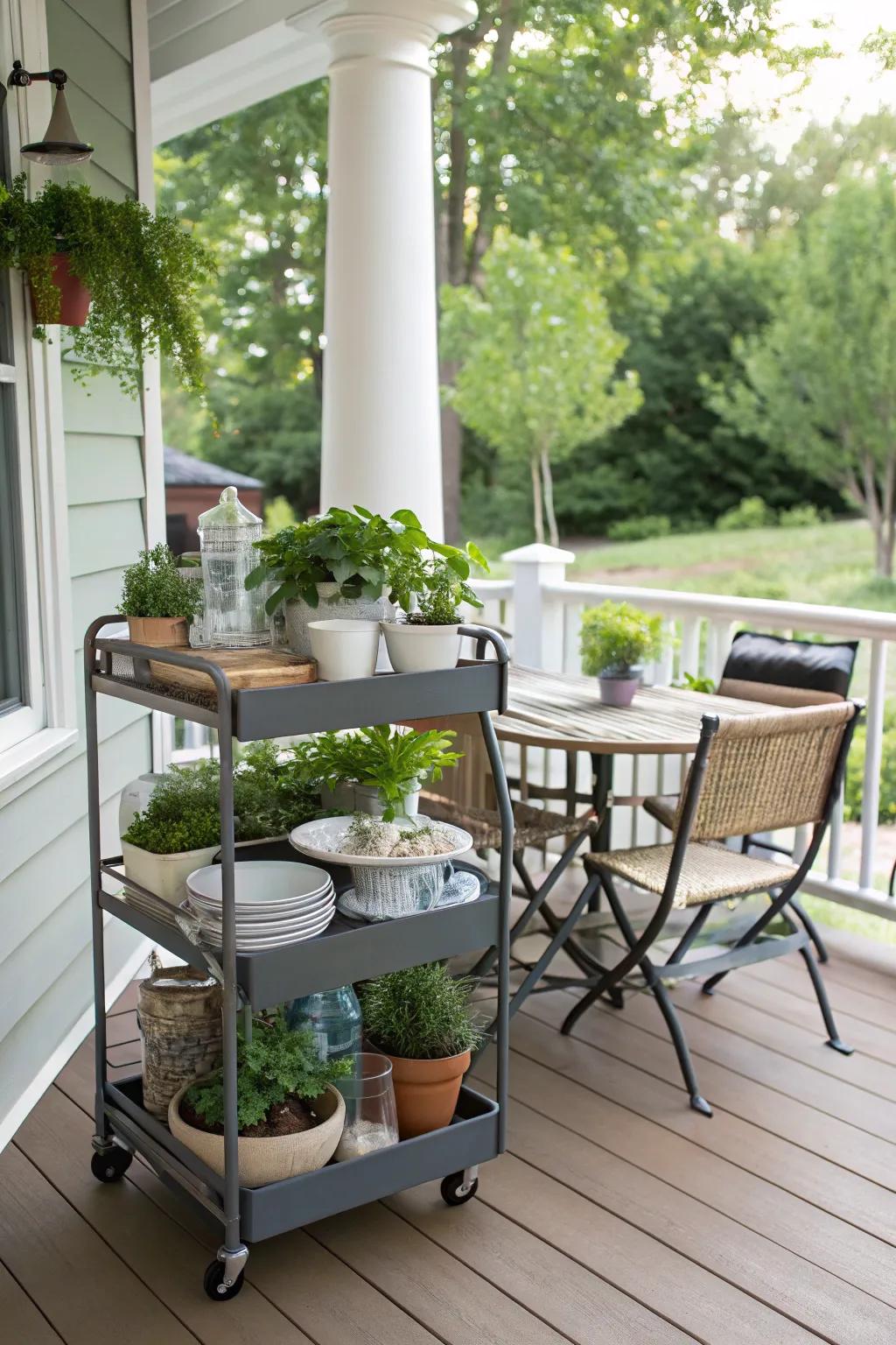 Keep your porch dynamic with a versatile rolling storage cart.