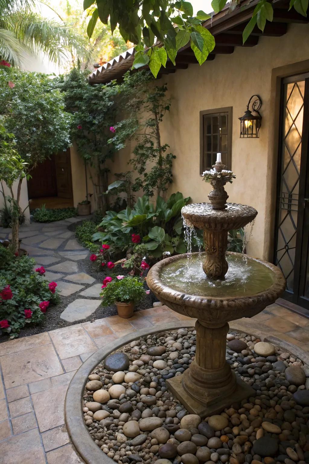A calming water feature adding serenity to a small patio.