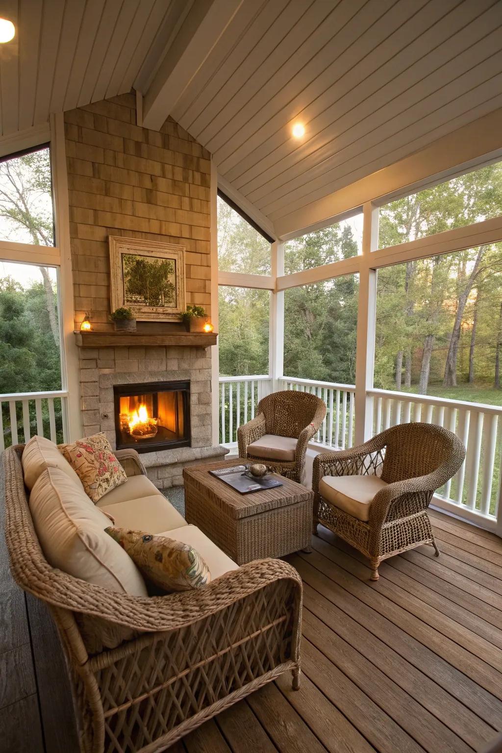 Wicker furniture complements the cozy vibe of this porch.