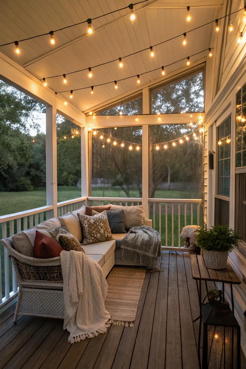String lights add a magical ambiance to a small screened porch.