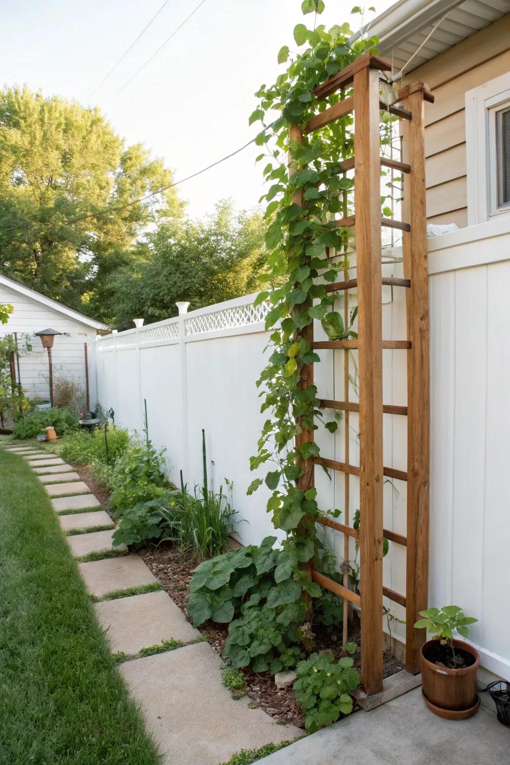 Trellises support climbing plants, adding height and greenery.