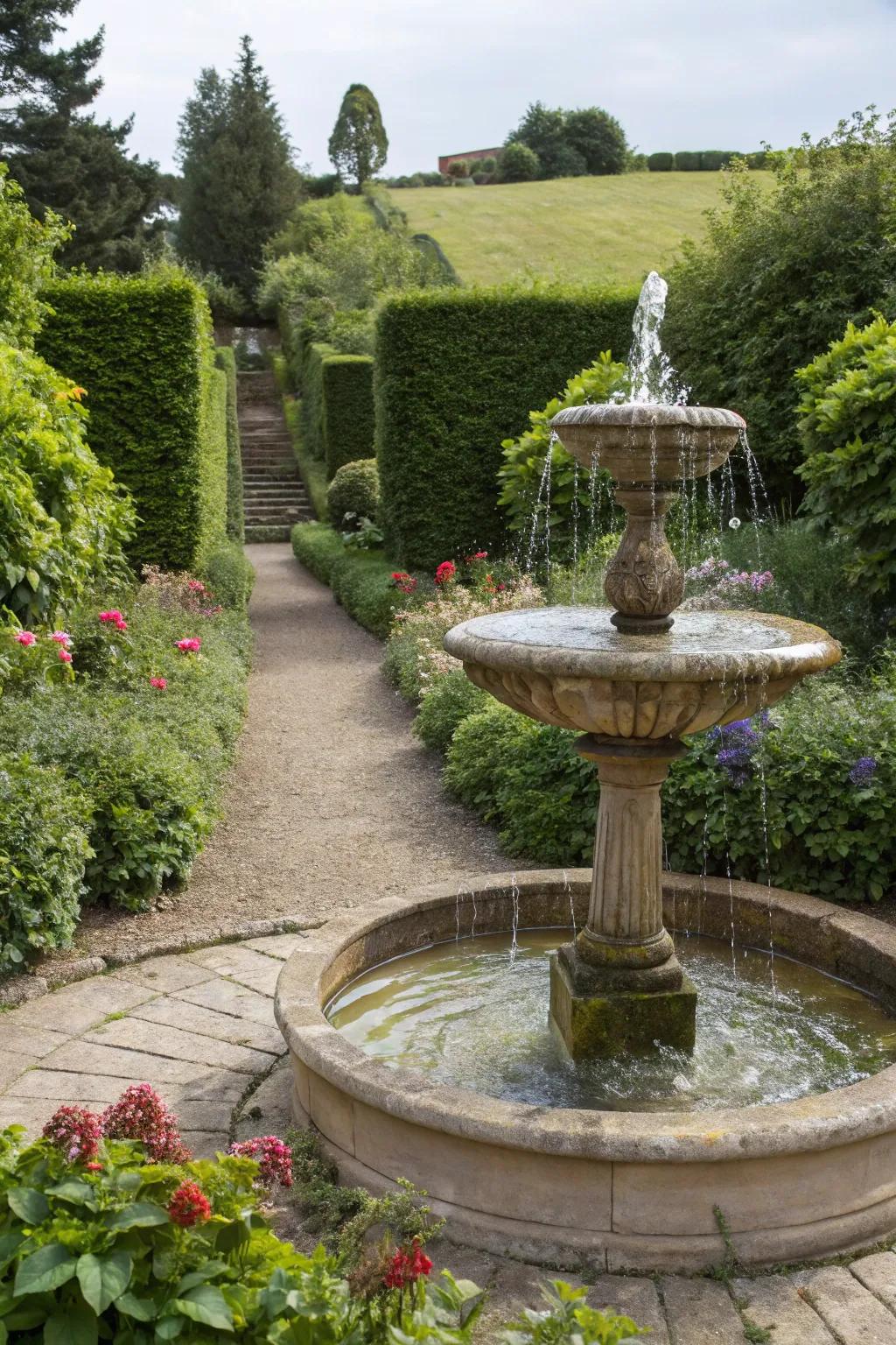 Water features bring serenity to sloped gardens.