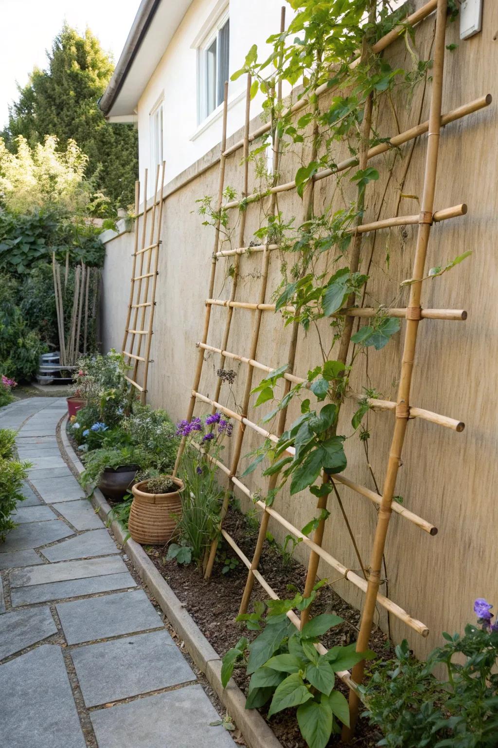DIY solutions like bamboo trellises bring functionality and charm.