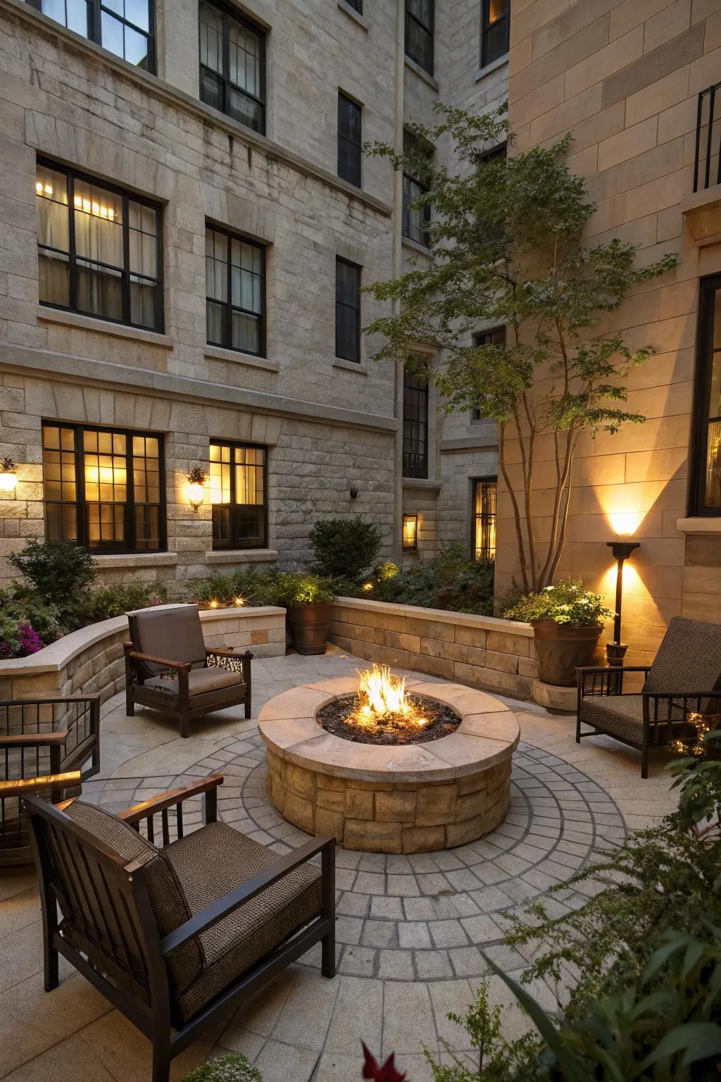 A fire pit adds warmth and a focal point to your courtyard.