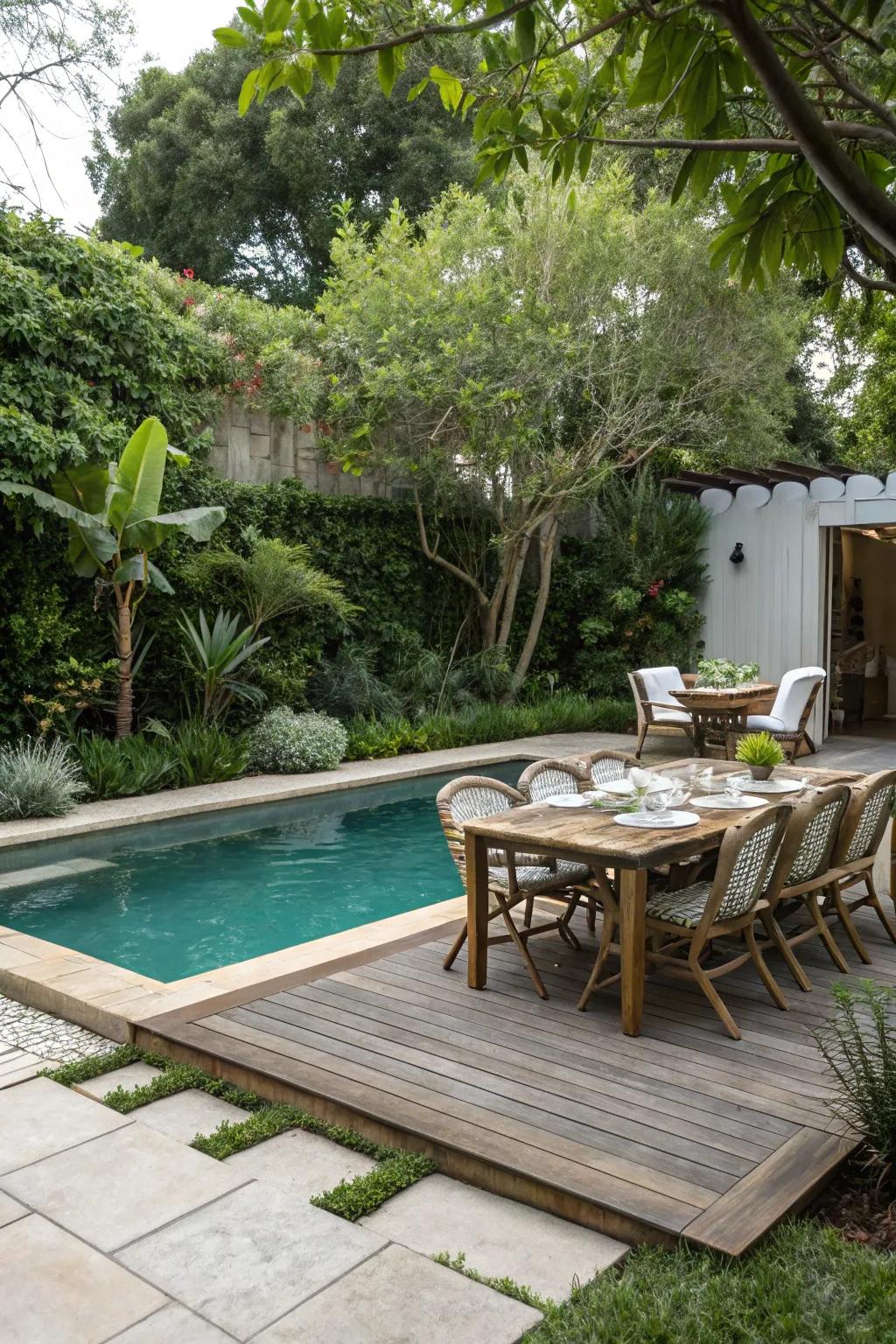 A splash pool combined with a dining area offers multifunctional use.