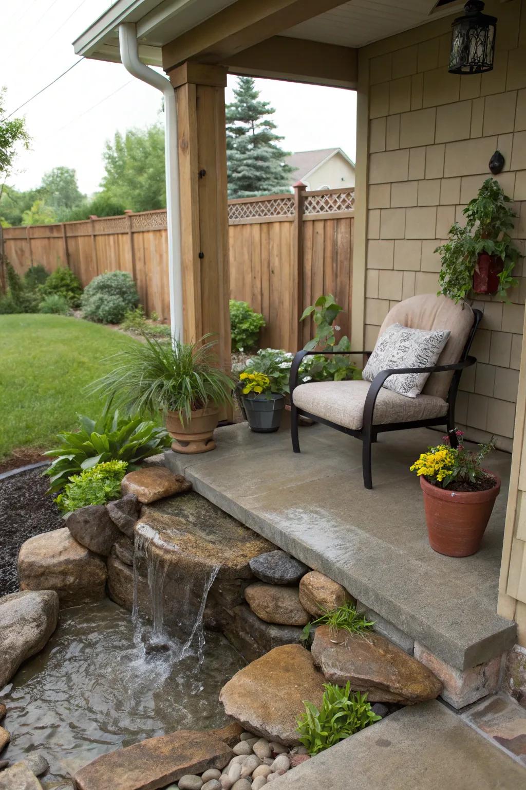 A soothing stone water feature adding tranquility to the porch.
