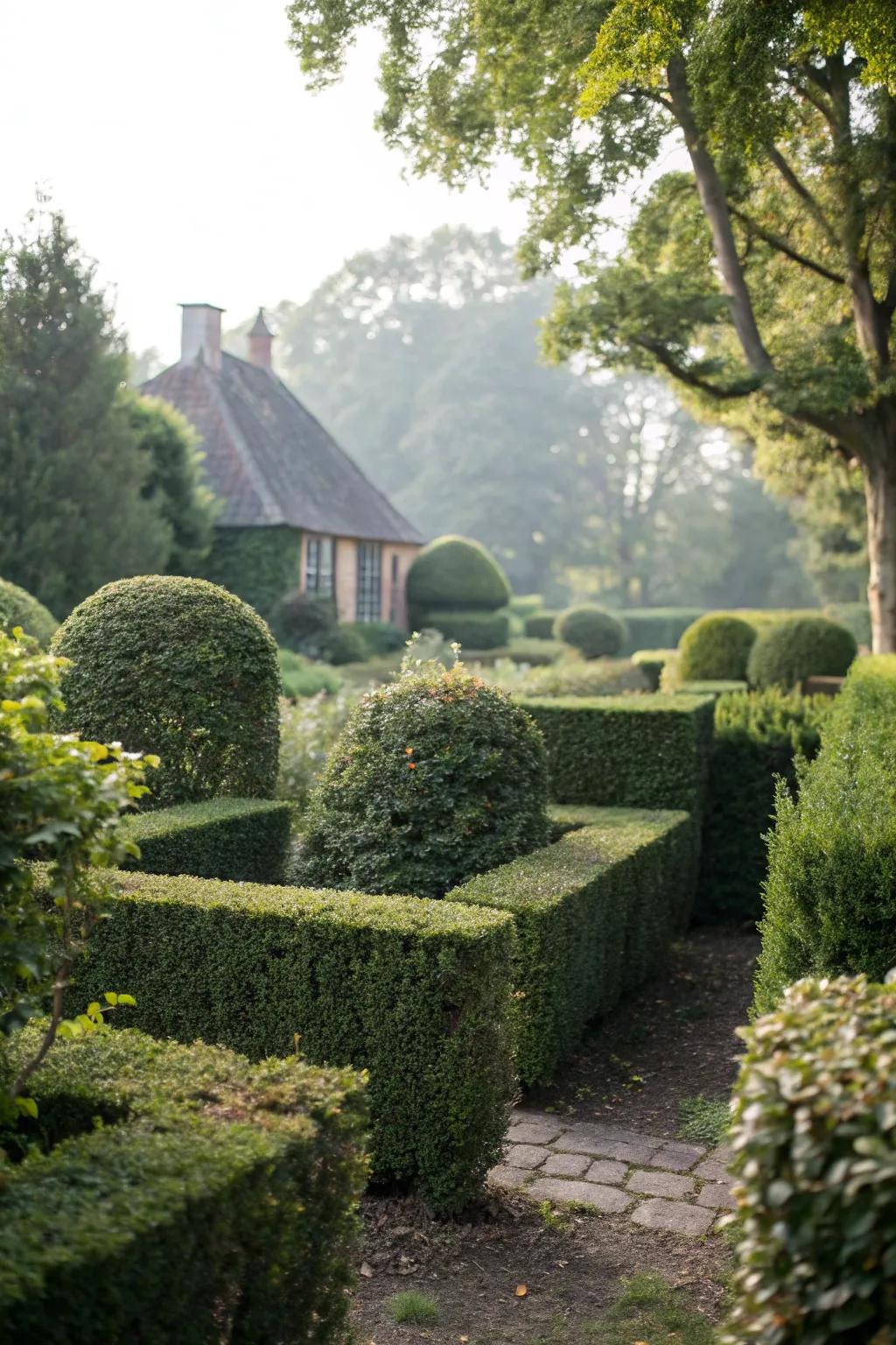 Dense topiary hedges create a private garden nook.