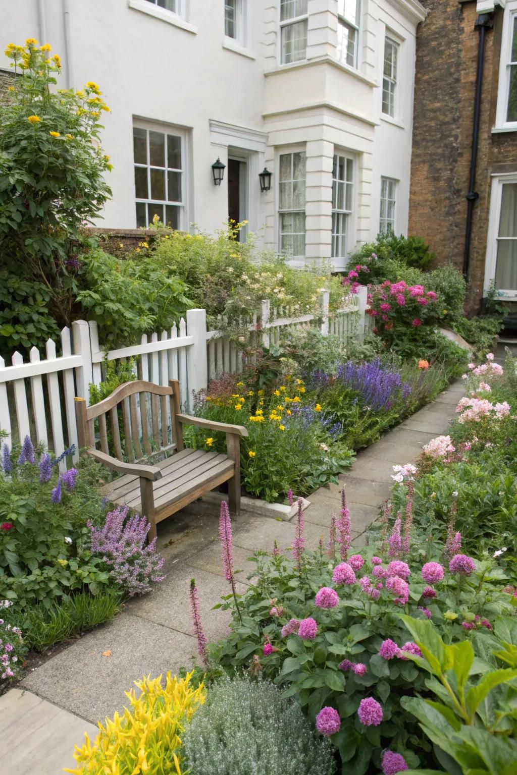 A cozy seating nook with a bench amidst vibrant flora in a townhouse front garden.