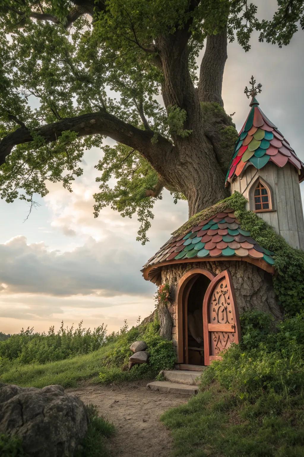 A fairytale-style tree house with whimsical features, inspiring imagination and wonder.