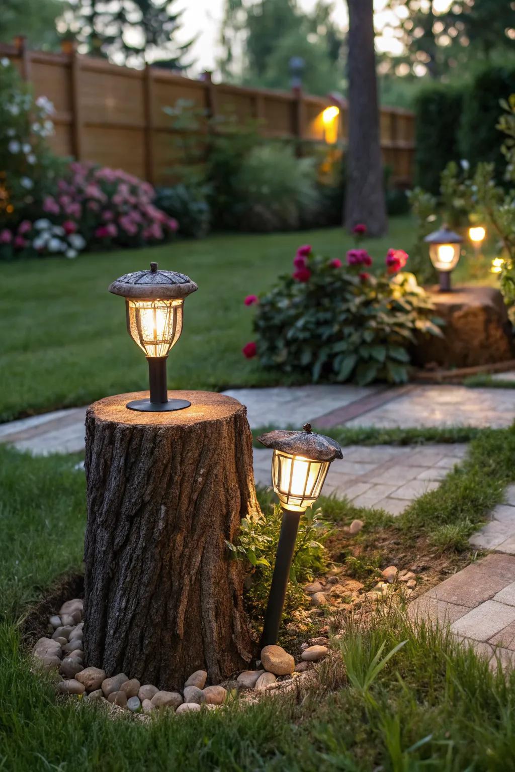 Ambient lighting using a small tree stump as a base.