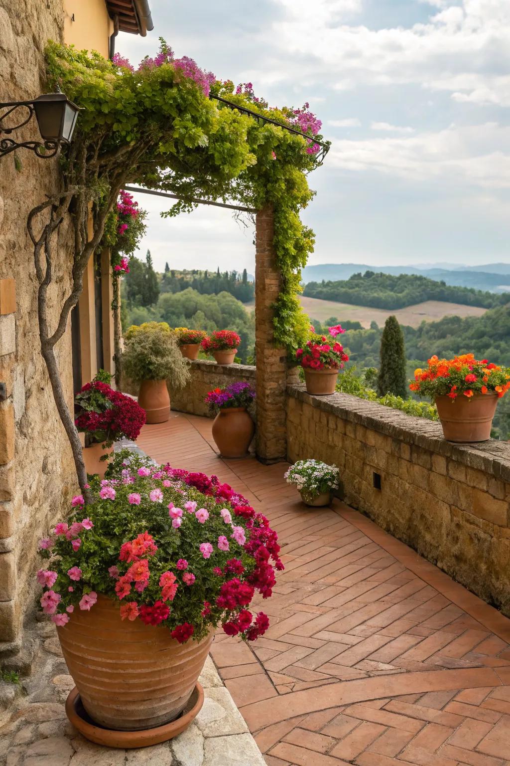 Vibrant floral accents bring life to this Tuscan patio.