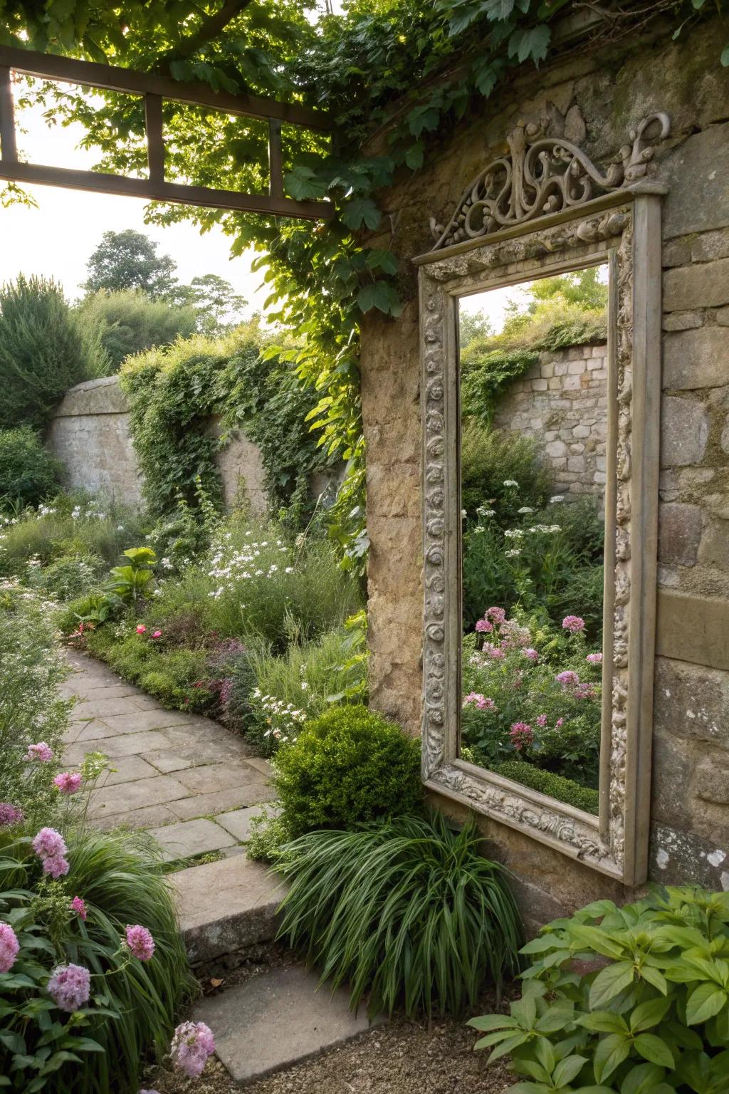 A small garden enhanced with a mirror to create depth