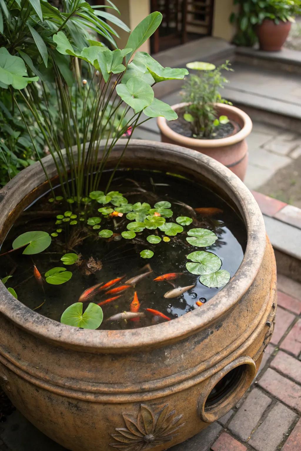 A charming miniature pond in a pot adds life to any table.
