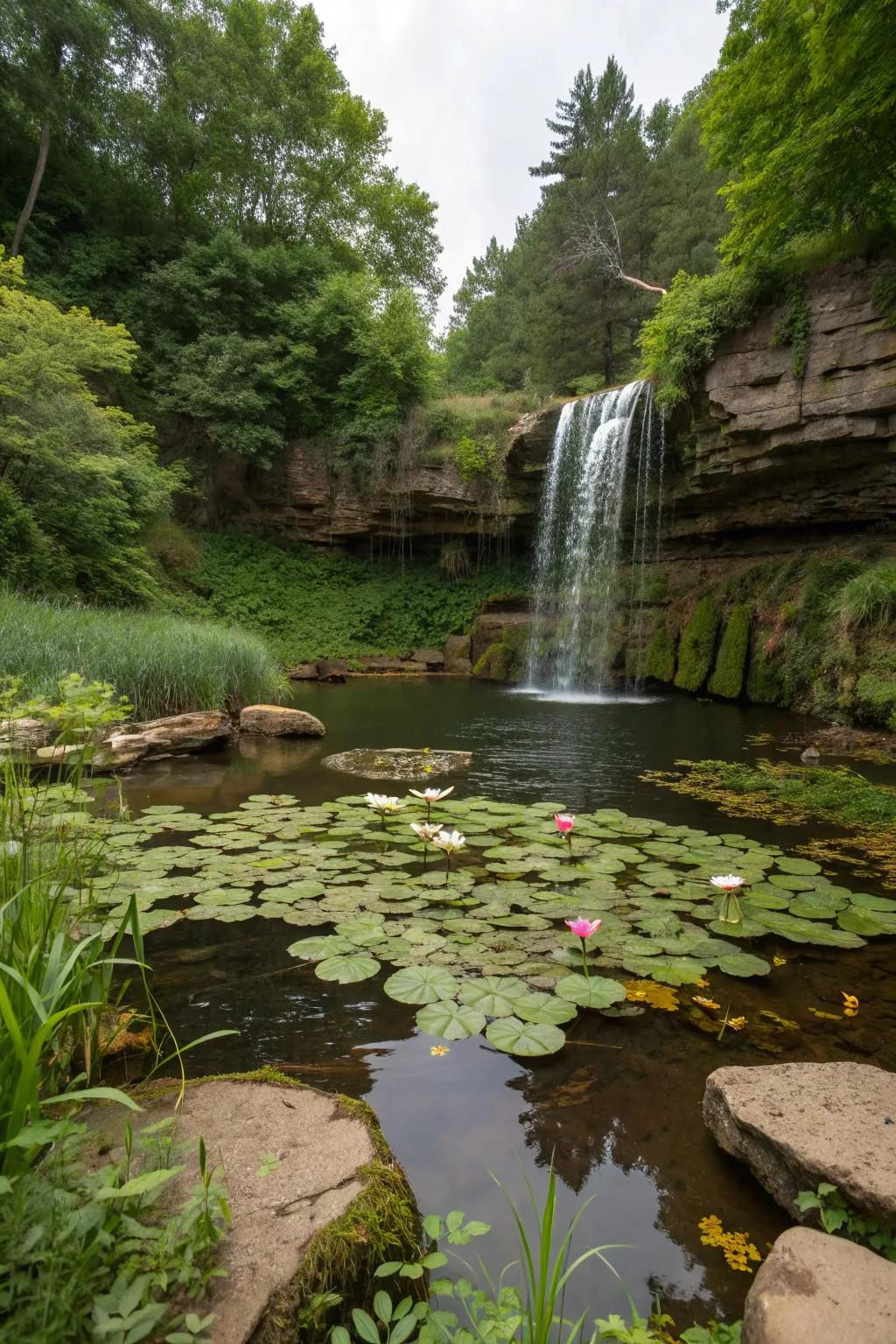 Enhance your waterfall's charm with beautiful water plants.