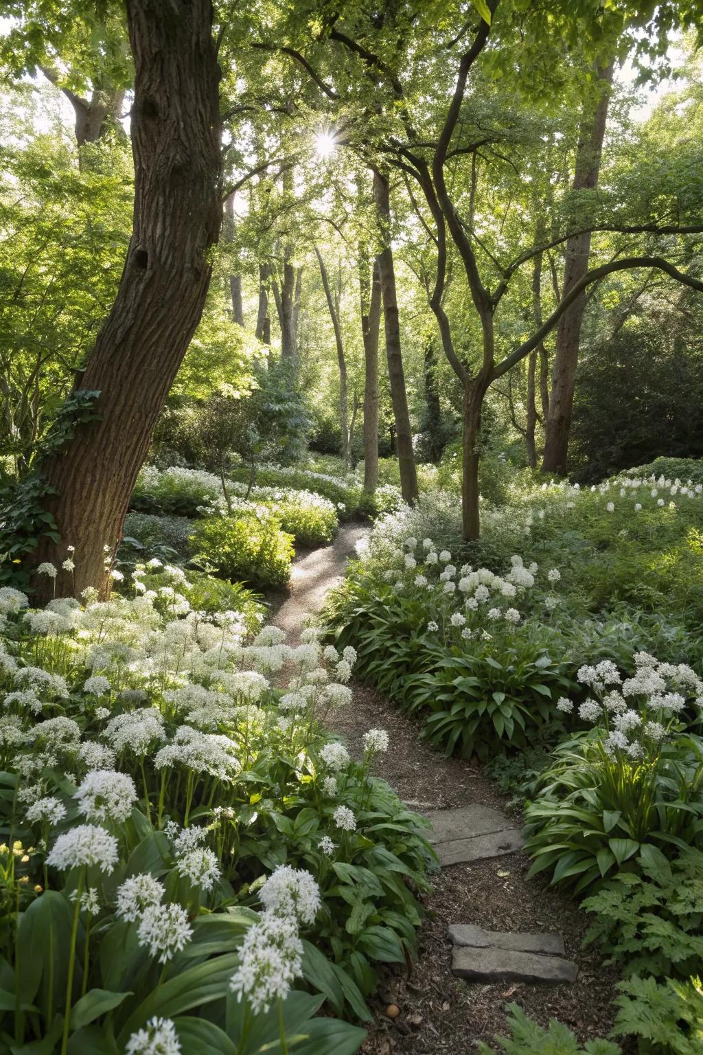 White accents illuminate the shaded areas of the woodland garden.