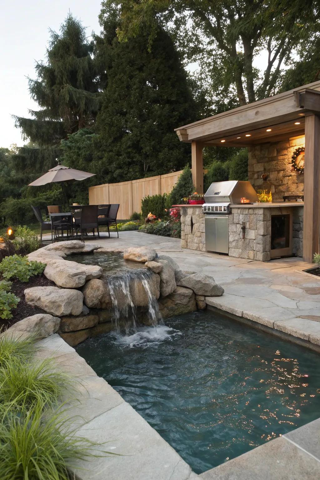 A soothing waterfall adds tranquility to this poolside setting.