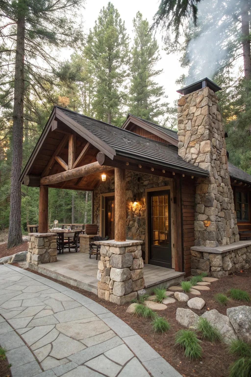 A mountain lodge smoker shack, rugged and inviting.