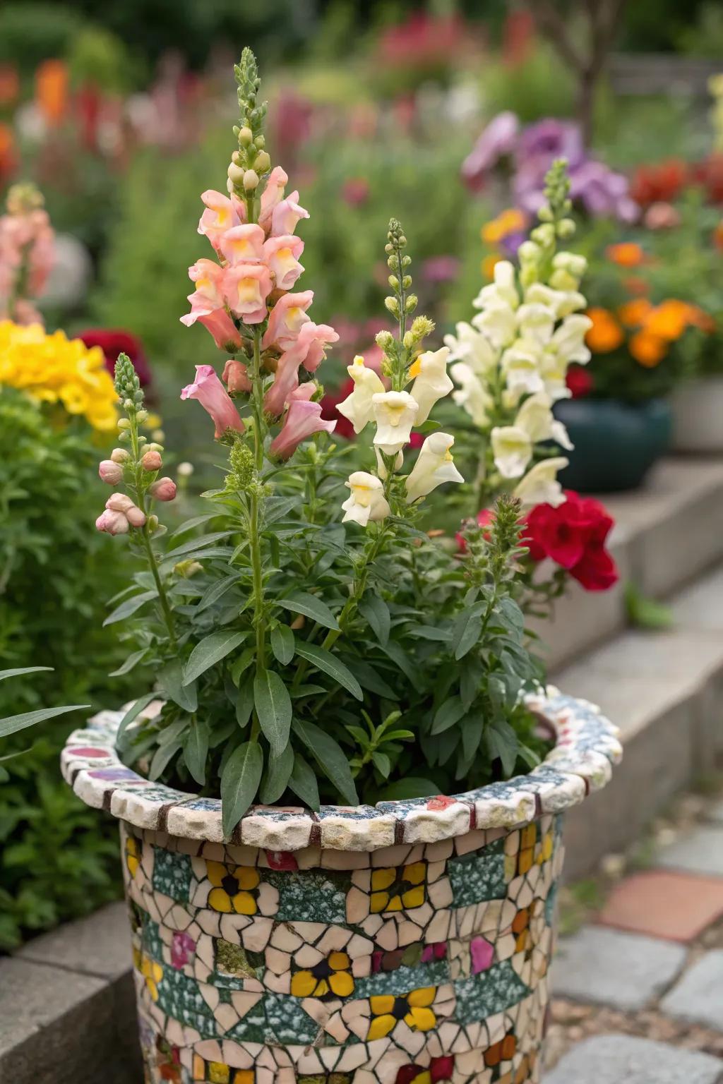 Artistic mosaic pot filled with snapdragons, perfect for an eye-catching garden display.