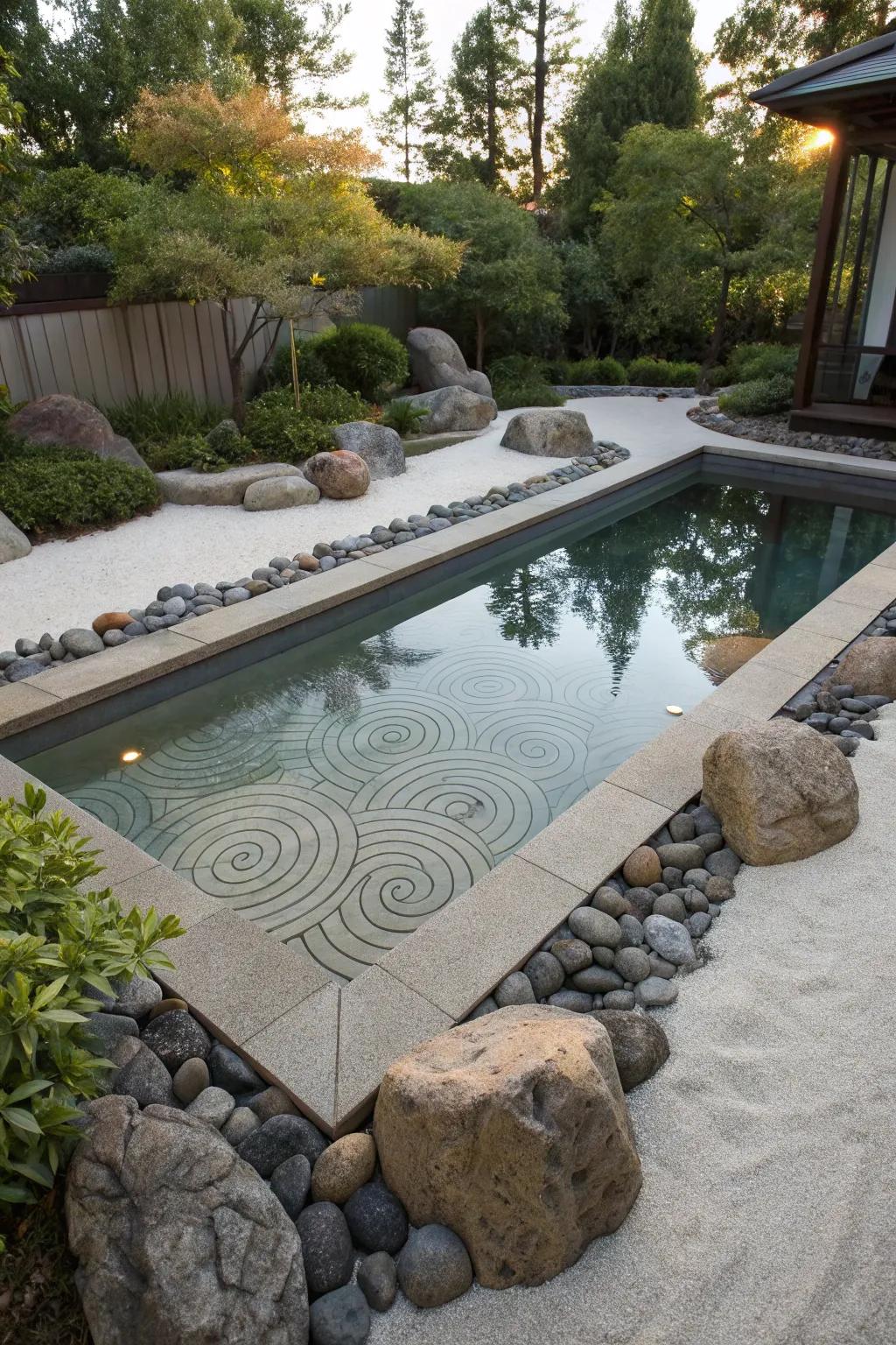 A soak pool harmoniously integrated into a Zen garden setting.