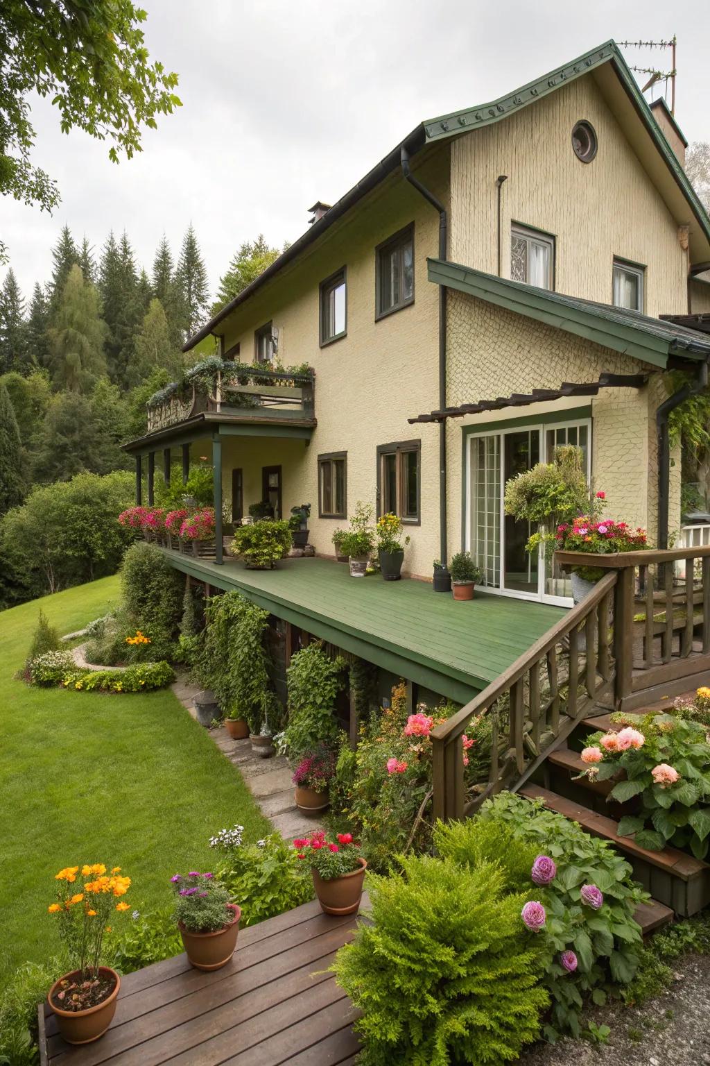 A moss green deck adding a whimsical touch to a beige house.