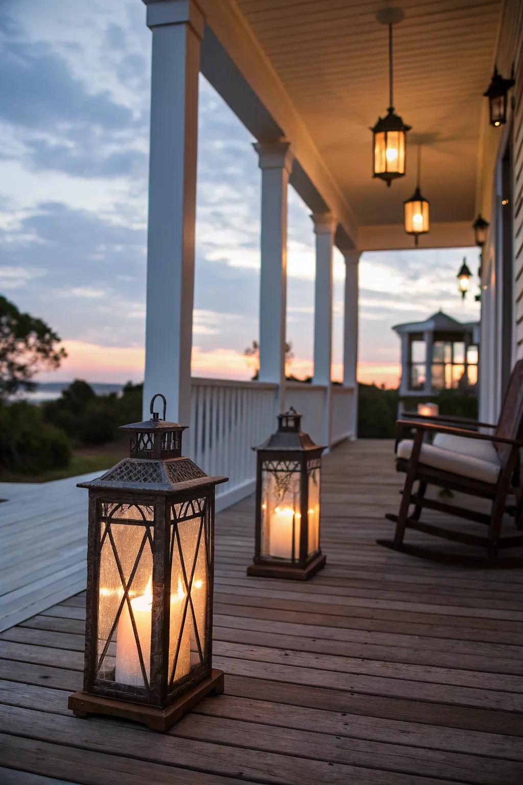 Lanterns cast a warm glow, enhancing the porch's cozy atmosphere.