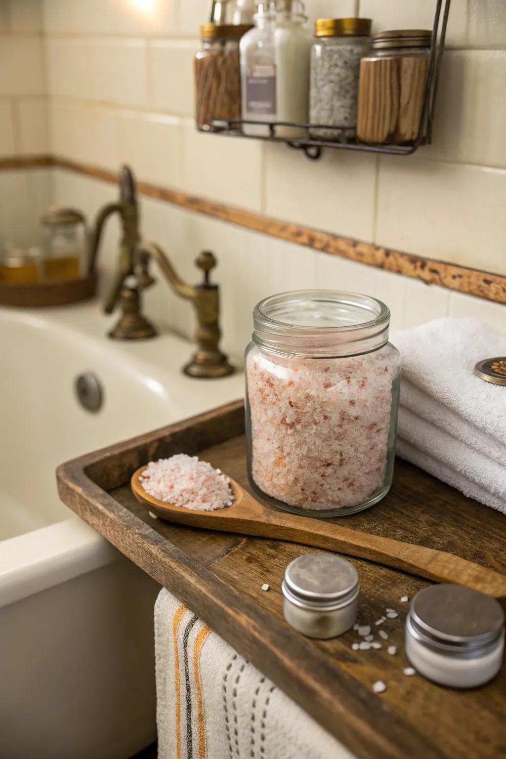 Handcrafted bath salts ready to enhance any bath with their natural goodness.