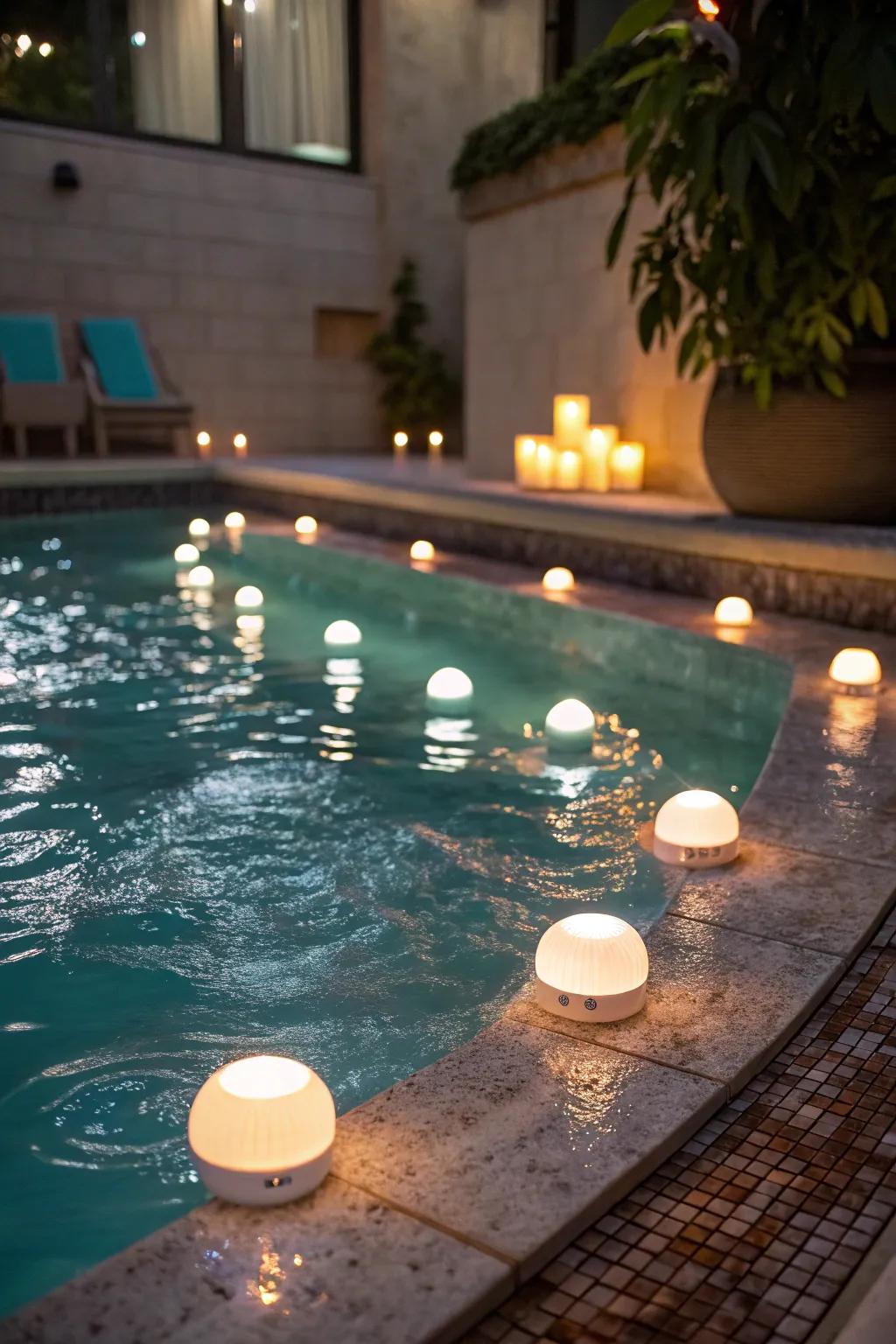 Floating lights bring a magical glow to water features.