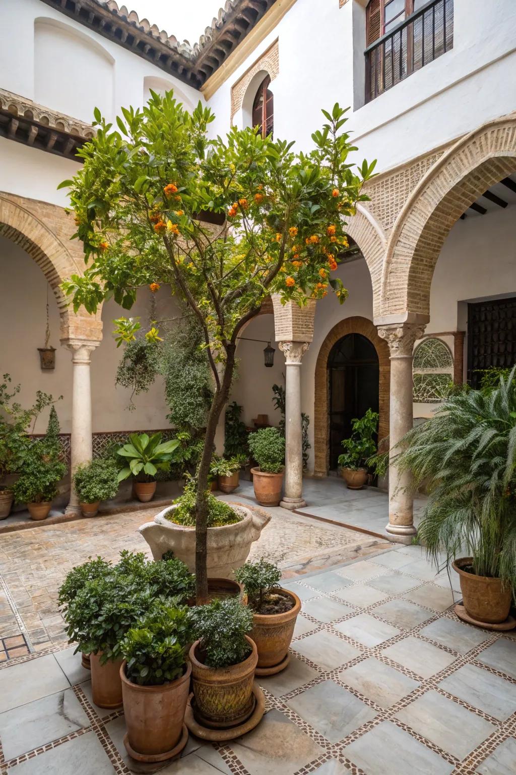 Potted plants and trees enhance the courtyard's natural beauty.