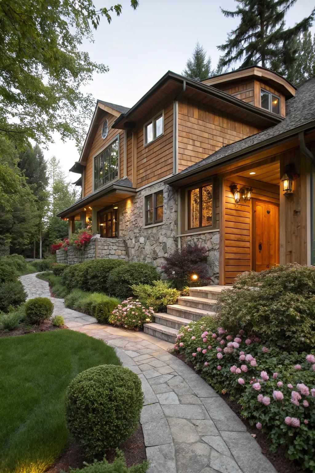 Layered textures of wood and stone enhance the appeal of this split-level home.