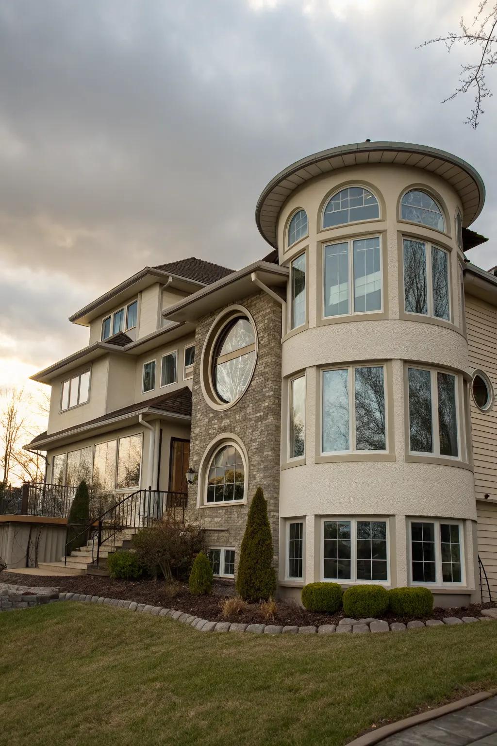Unique window designs add character and light to this split-level home.