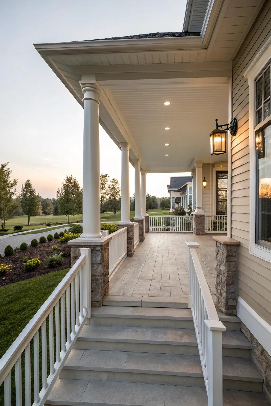 Symmetrical elements create a balanced and harmonious porch design.