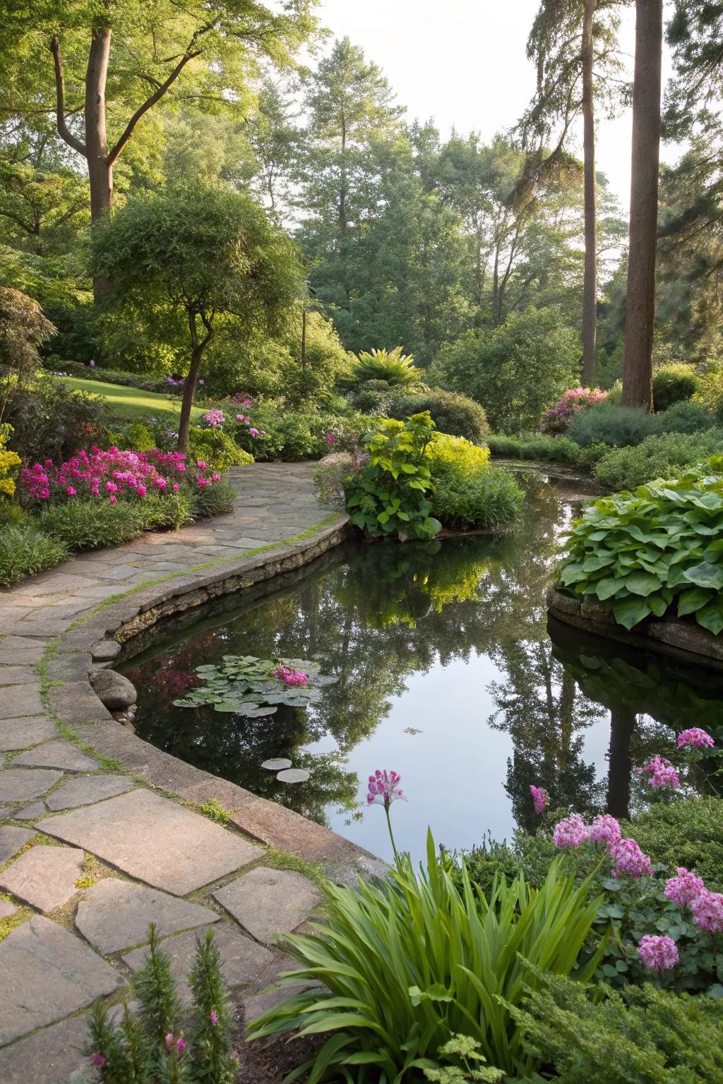 A serene small pond adds tranquility to the split-level landscape.