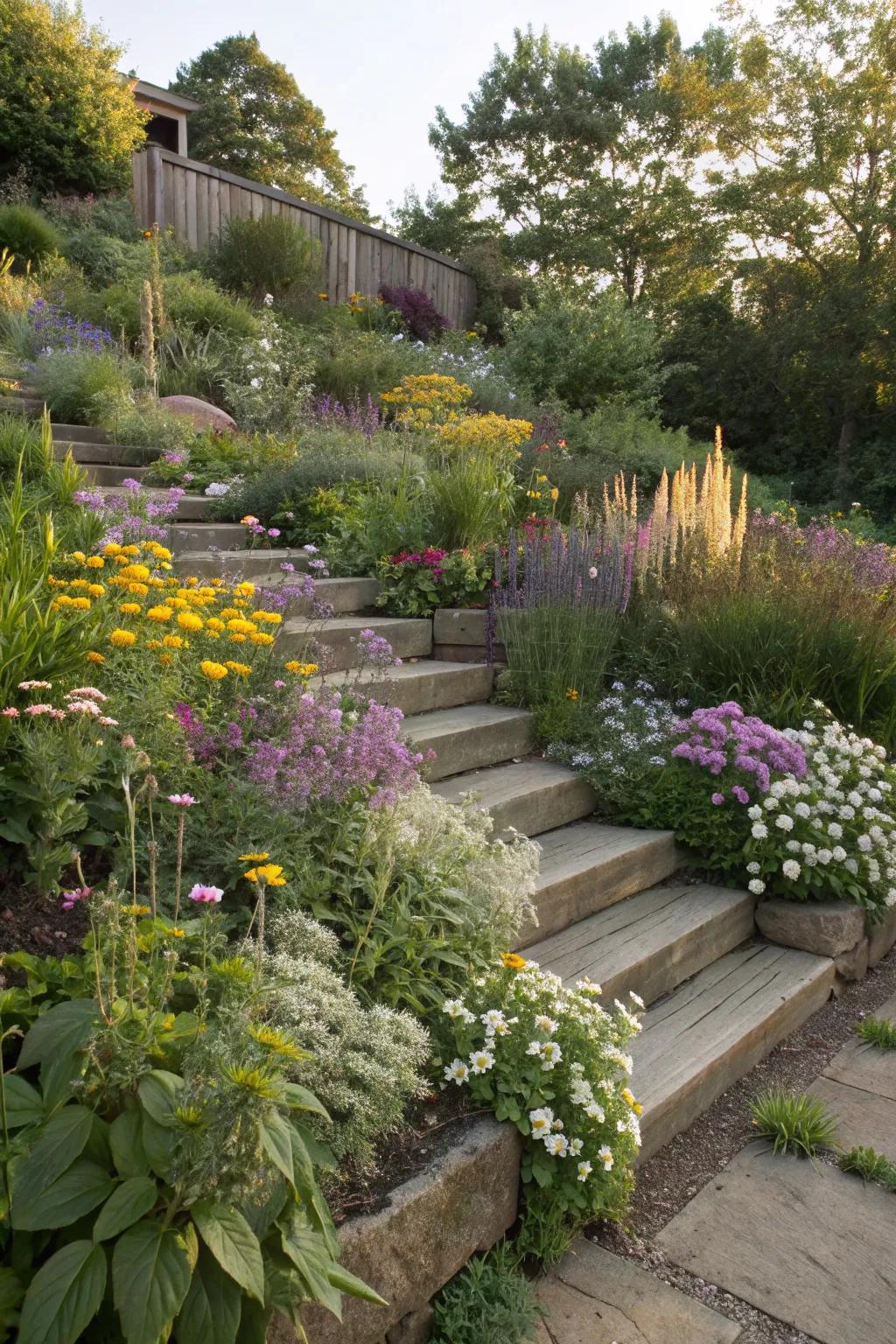 Native plants thriving in a split-level garden.