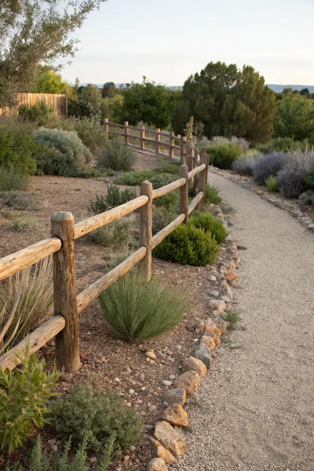 An eco-friendly xeriscaped garden with split rail fencing offers both beauty and low maintenance.