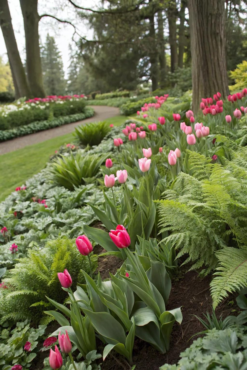 Tulips mixed with perennials for a seamless garden blend.