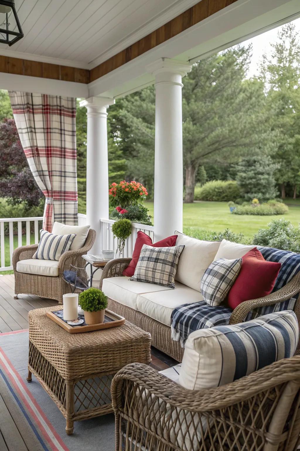 Mix patterns and textures for an eclectic and inviting porch.