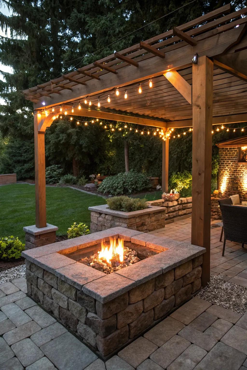 A pergola adds charm and ambiance to your fire pit area.