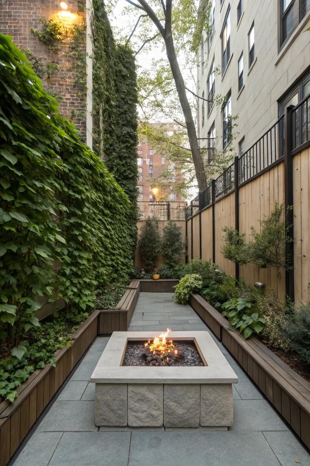 Create a city oasis with a compact fire pit and vertical greenery.