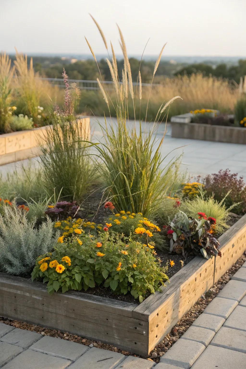 A square flower bed showcasing layered plant heights for a dynamic and textured appearance.
