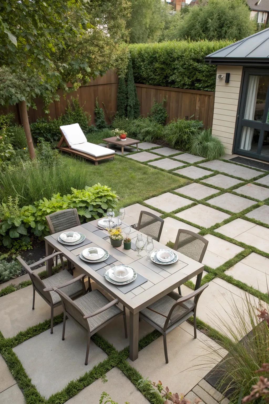 Multi-purpose zones enhance the functionality of square patios.