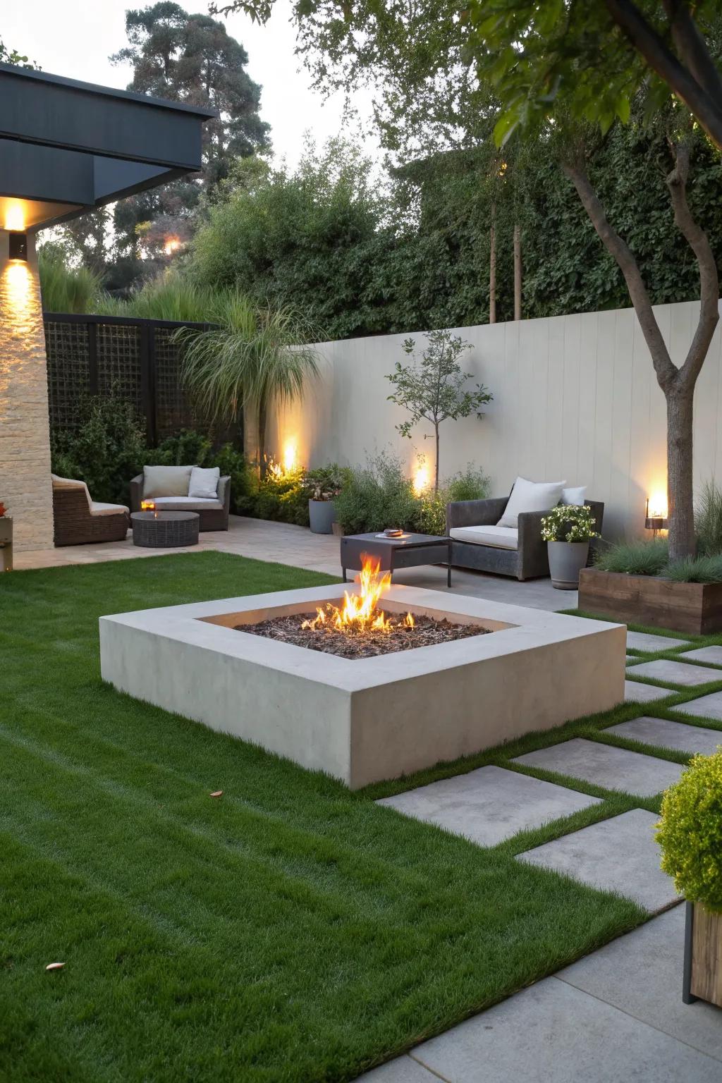 A low-profile fire pit offers sleek and subtle elegance.
