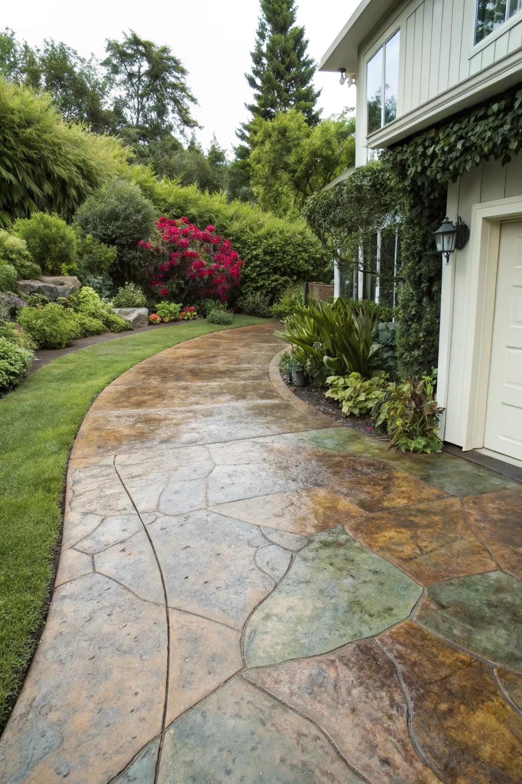 Mottled acid stains give this driveway a natural, textured appearance.