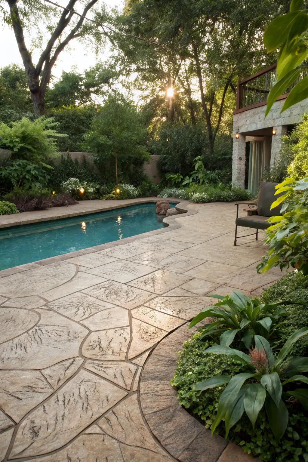 Sustainably designed pool area with permeable stamped concrete.